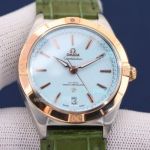 Best Quality Fake Omega Constellation Date Watch White Face Green Leather Strap Rose Gold Bezel Watch
